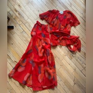 Vintage Daymor Couture Red Abstract Print Skirt & Blouse Set